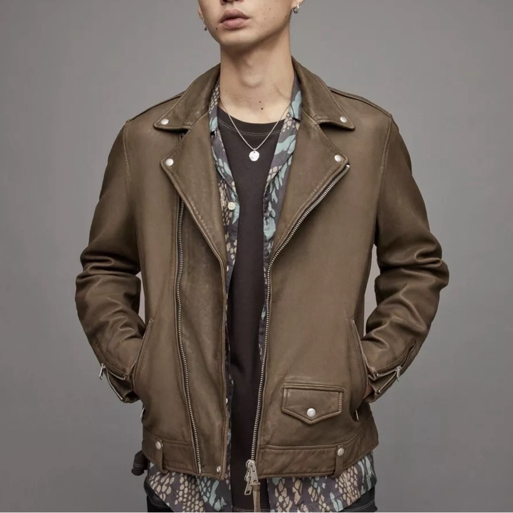 SALE 💋 • AlLSAINTS • Mens Milo Light Grey/Taupe Leather Moto Jacket